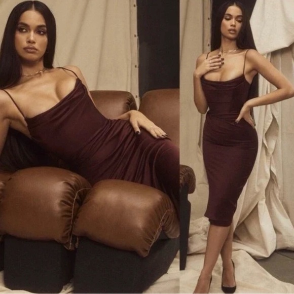 NWT House of CB Anja Satin Corset Midi Dress Large 10-12 Raisin / Wine ~ $255 - Picture 4 of 16